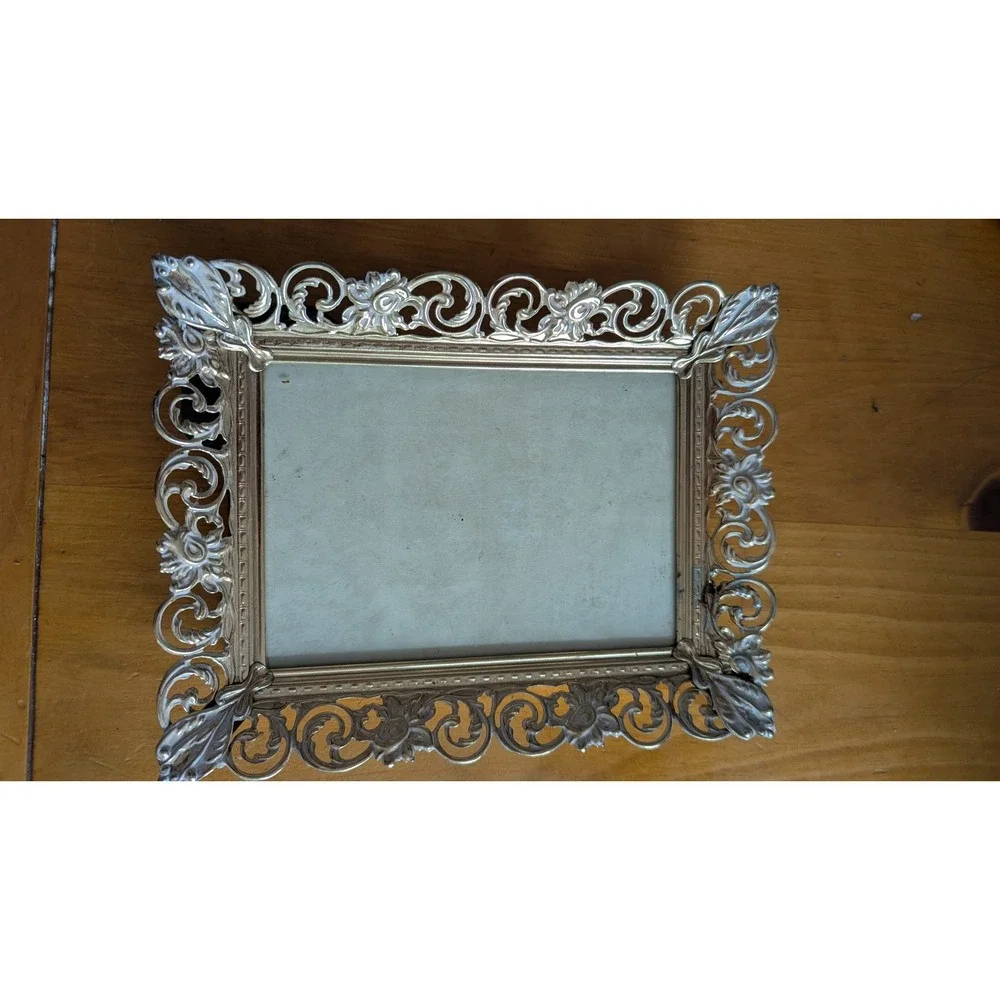 Vintage Ornate Gold Filigree Metal Picture Frame Floral Scrollwork 5x3.5